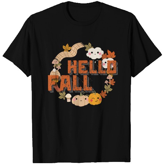 Hello Fall Cute Nature Autumn leaves Pumpkins T Shirts
