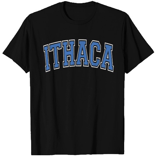 Ithaca Varsity Style Blue Text T Shirts