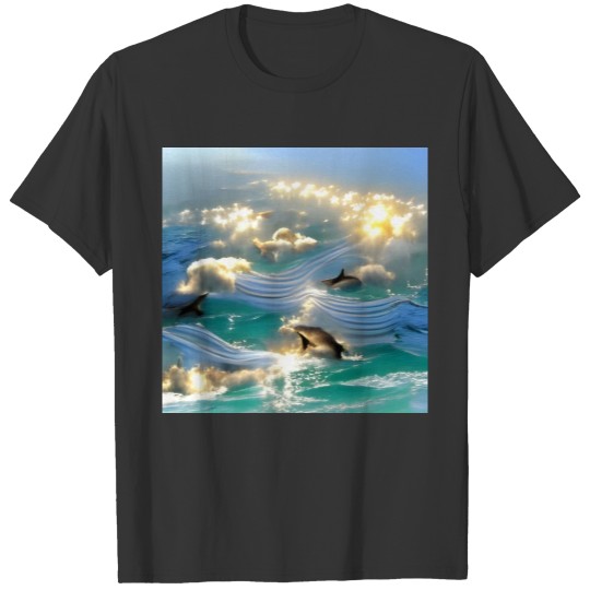 Ocean Scene with Dolphins Abstract Art T Shirts