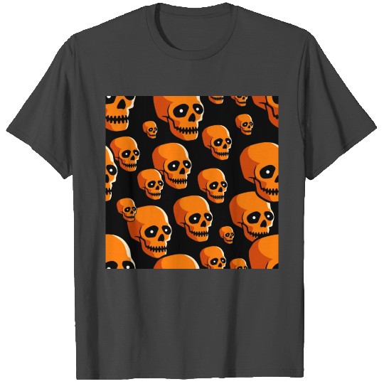 Skulls Pattern Halloween Black & Orange Pumpkin T Shirts