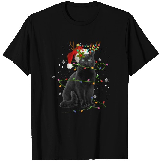 Black Cat Christmas Santa Xmas Light Cat Christmas T Shirts