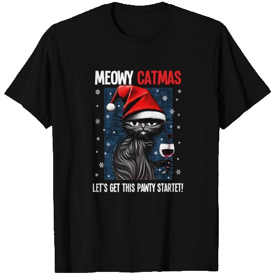 Meowy Catmas Christmas Cat With Wine Glass Gift T Shirts