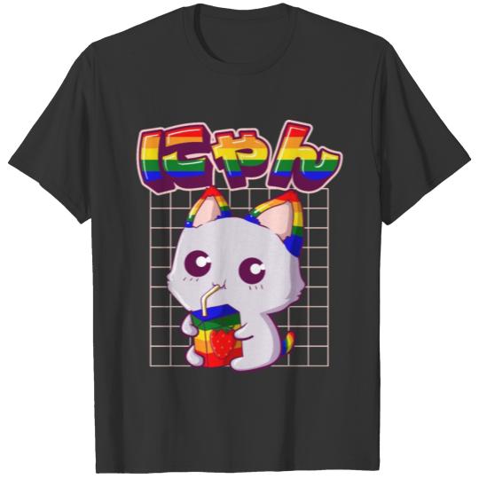 Gay Pride Kawaii Cat Strawberry Milk Rainbow Flag T Shirts
