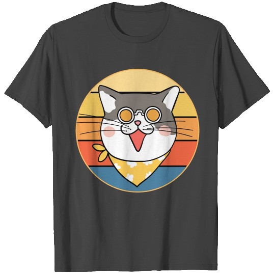 Funny Cute Kawaii Cat Face Retro Sunset T Shirts