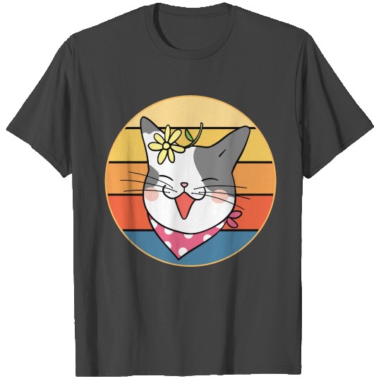 Funny Cute Kawaii Cat Face Retro Sunset T Shirts