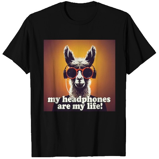 llama with round glasses with eyes and headphone T Shirts