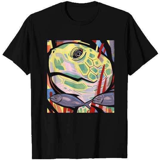 Art retro drawing of a turtle surrounded by fish T Shirts