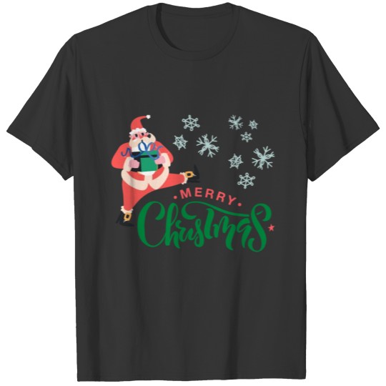 Merry Christmas in Green Font and Pink Santa T Shirts
