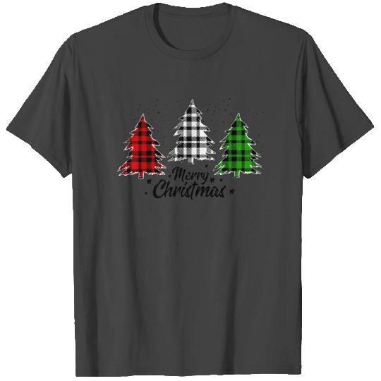 Merry Christmas Tree Buffalo Plaid Red White Green T Shirts