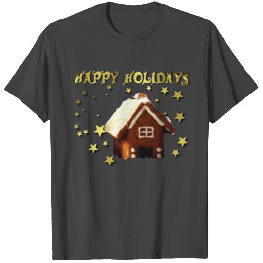 Golden Happy Holidays with a Gingerbread House T Shirts