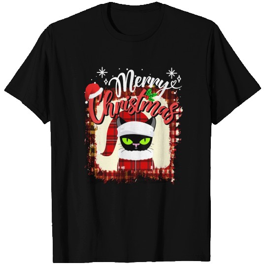 Red Plaid black cat Santa hat Christmas T Shirts