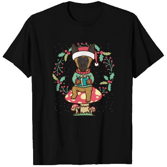 Malinois Dog On Mushroom Christmas Wreath T Shirts