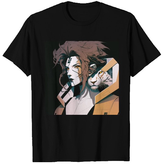 Lady with a White Tiger - Cyberpunk Portrait T Shirts