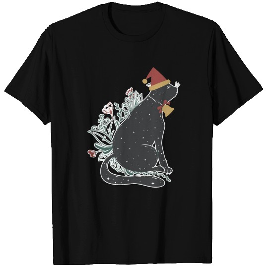 Santa Black Cat Tangled Up In Christmas Tree Light T Shirts