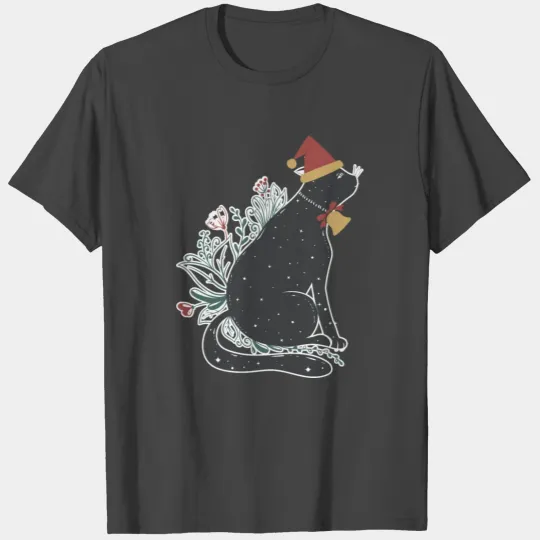 Santa Black Cat Tangled Up In Christmas Tree Light T Shirts