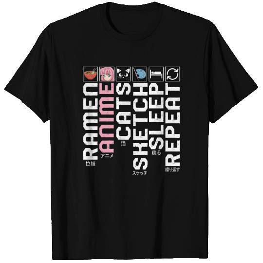 Ramen Anime Cats Sketch Sleep Repeat T Shirts, Anime