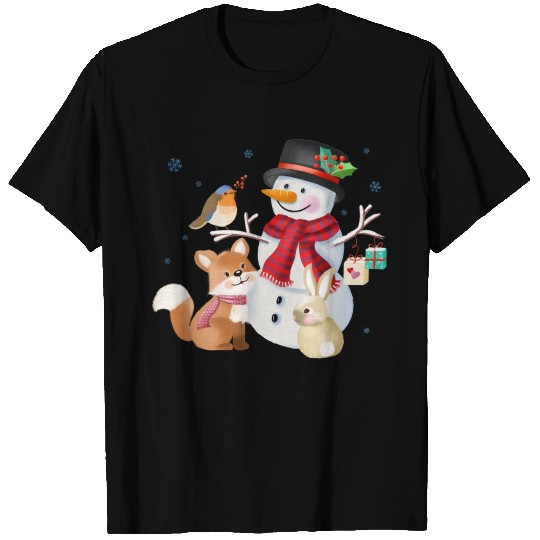 Snowman with fox, rabbit and robin T Shirts