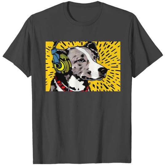 Yellow Dog with Headphones Comic Style Art T Shirts