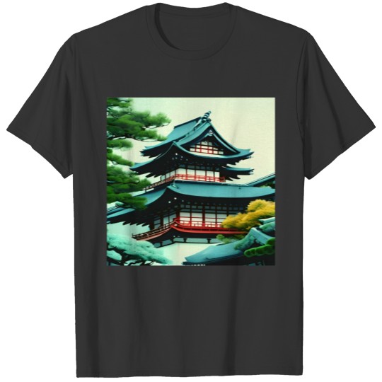 japanese garden with house digital art japan T Shirts