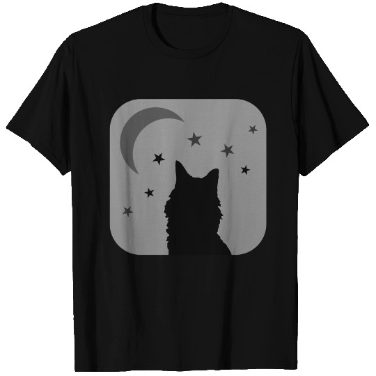Cat with Moon and Stars Black and White T Shirts