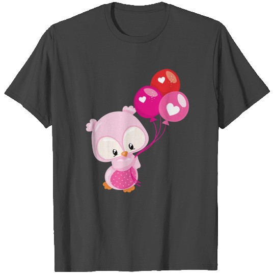 Kids Valentines Day Valentine Pink Owl Holding Bal T Shirts