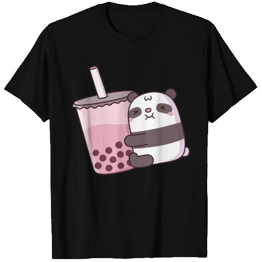 Cute Panda Bear Hugging Strawberry Bubble Tea T Shirts
