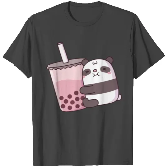 Cute Panda Bear Hugging Strawberry Bubble Tea T Shirts