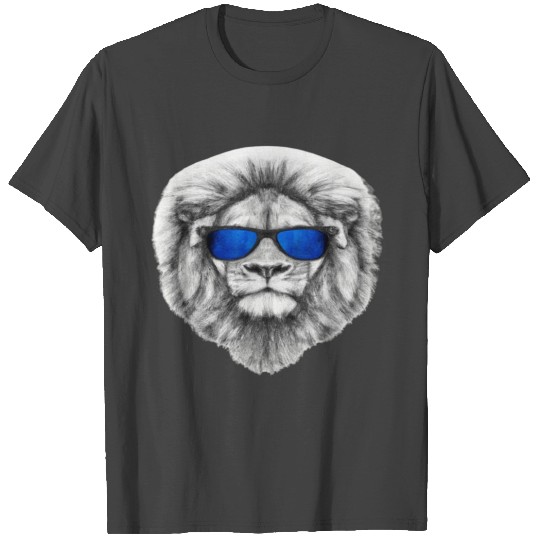 Pencil Drawing of a Lion Wearing Blue Sunglasses T Shirts