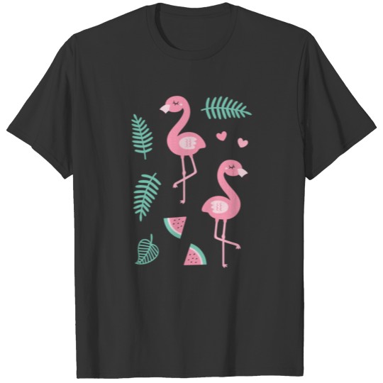 Pink Flamingo Watermelon Tropical Leaves Pattern T Shirts