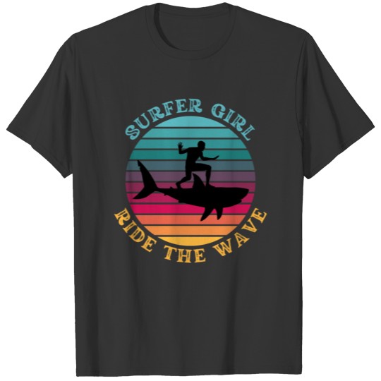 Shark Surfer Girl Ride the Wave Rainbow Sunset T Shirts