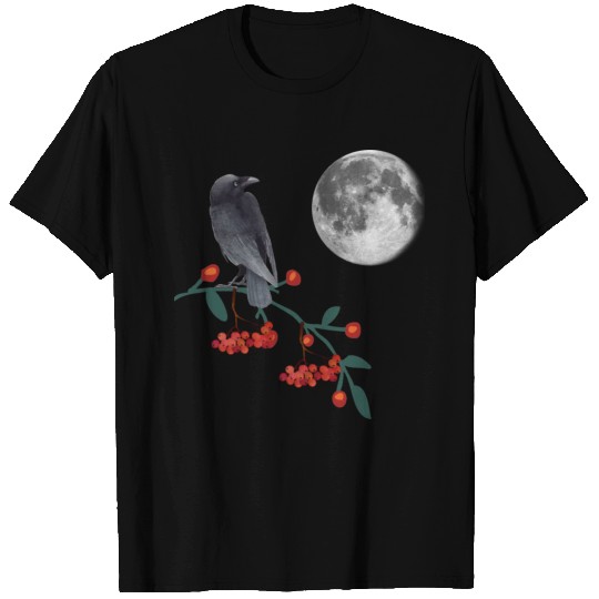 IMG 5972 Crow on Rowan tree with full moon T Shirts