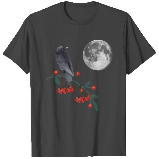 IMG 5972 Crow on Rowan tree with full moon T Shirts
