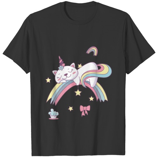 Unicorn Kawaii Cat Cartoon Over Rainbow T Shirts