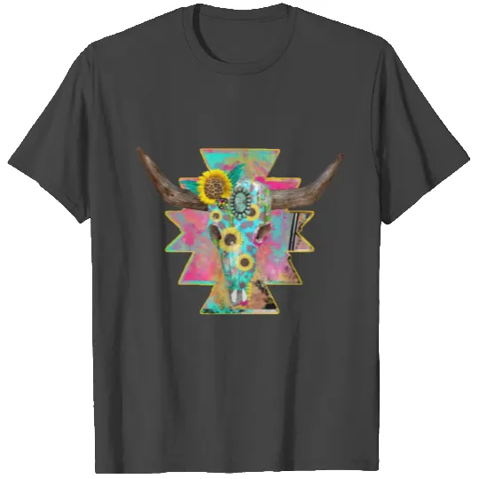 Colorful Floral Bull Skull T Shirts