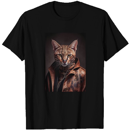 Ocicat Cat Breed Portrait wears a leather jacket T Shirts
