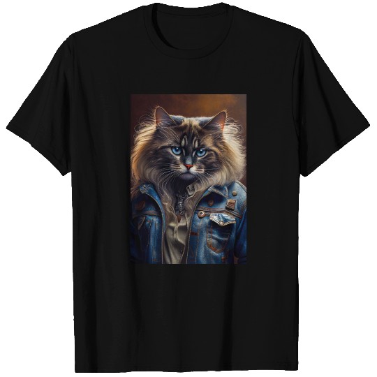 Ragdoll Cat Breed Portrait wears a leather jacket T Shirts