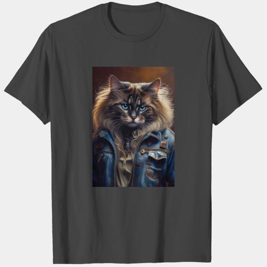 Ragdoll Cat Breed Portrait wears a leather jacket T Shirts