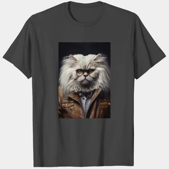 White Angora Persian cat wears a leather jacket Ca T Shirts