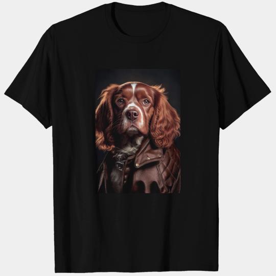 Brittany Dog wearing leather jacket - Dog Breed Po T Shirts