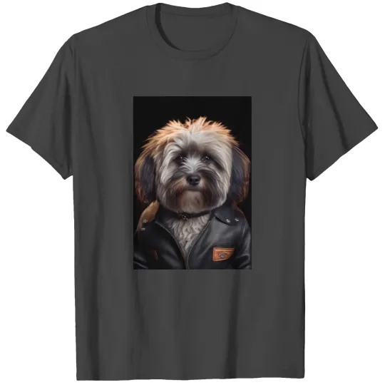 Havanese wearing leather jacket - Dog Breed Portra T Shirts