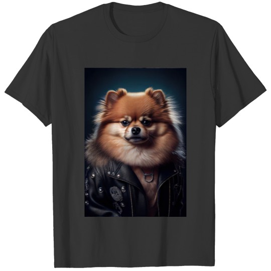 Pomeranian wearing leather jacket - Dog Breed Port T Shirts