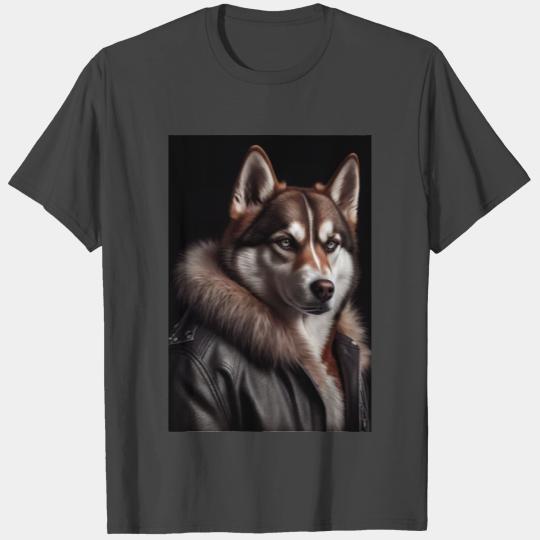 Siberian Husky wearing leather jacket - Dog Breed T Shirts