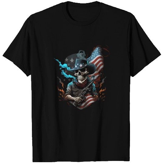 Skeleton with a gun, American flag T Shirts
