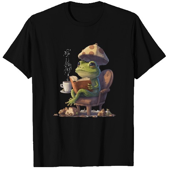 Coffee lover Frog With Mushroom Hat Read Book T Shirts