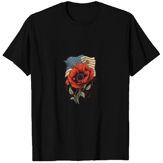 Memorial Day Red Poppy Flower American Flag USA T Shirts