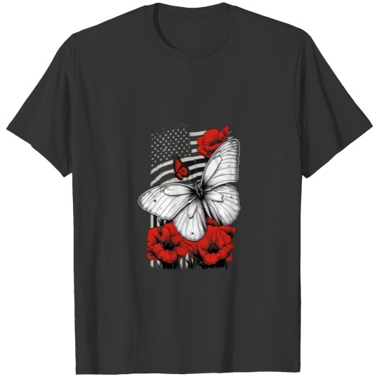 Memorial Day Red Poppy Flower Butterfly USA Flag T Shirts