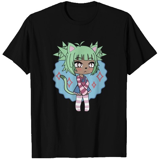 Cute Chibi Style Neko Cat Girl with green hair and T Shirts