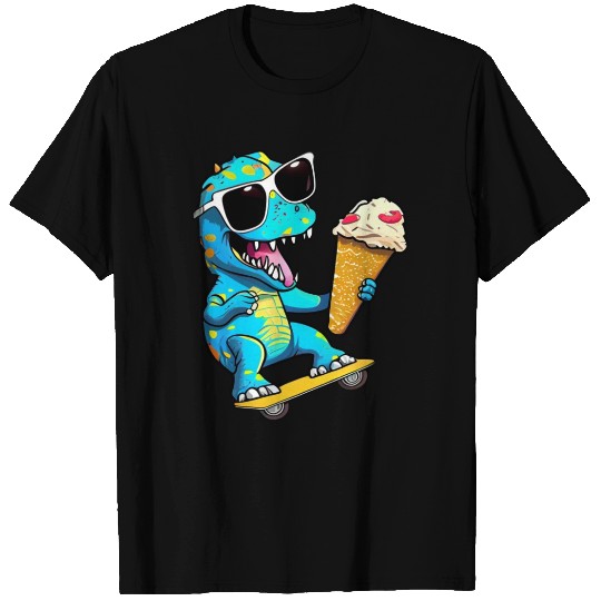 Cute Dinosaur skating skateboard eating ice cream T Shirts