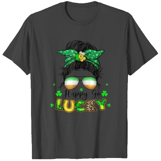 Happy Go Lucky Women Messy Bun Shamrock T Shirts
