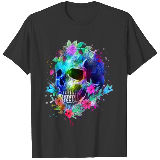Watercolor Skull and Flowers Abstract T Shirts